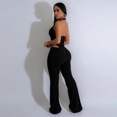 CM.YAYA Women V-Neck Backless Straight Sleeveless Flare Jumpsuits 2025 Summer Hollow Out Sexy One Piece Set Streetwear Outfits