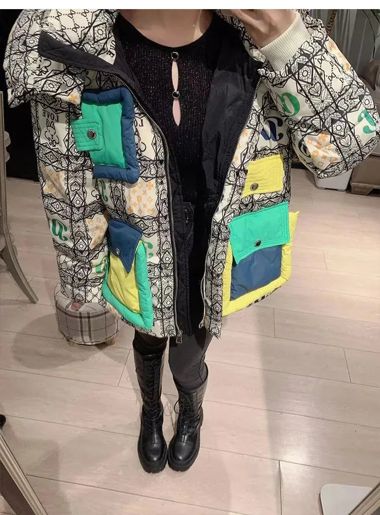 2023 European Station Winter New Down Jacket Women's Warm Fashion Short Color Patchwork Graffiti thick White Duck Down Coa