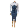 Denim Skirt Suit Women 2 Piece Sets Shirt Patchwork Turn Down Collar Belt Pockets Overshirt Straight Skirts Distressed Outfits