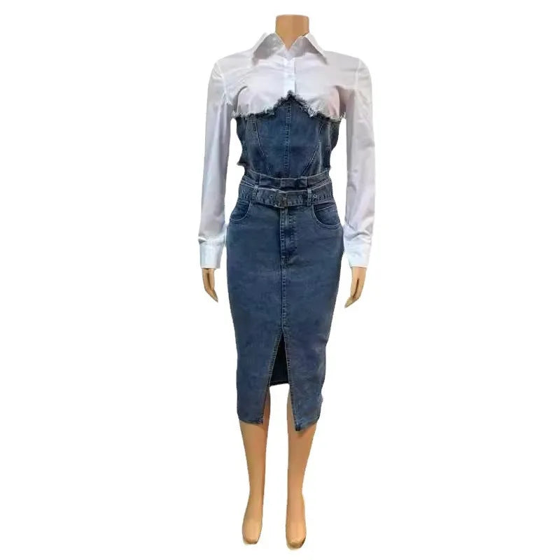 Denim Skirt Suit Women 2 Piece Sets Shirt Patchwork Turn Down Collar Belt Pockets Overshirt Straight Skirts Distressed Outfits