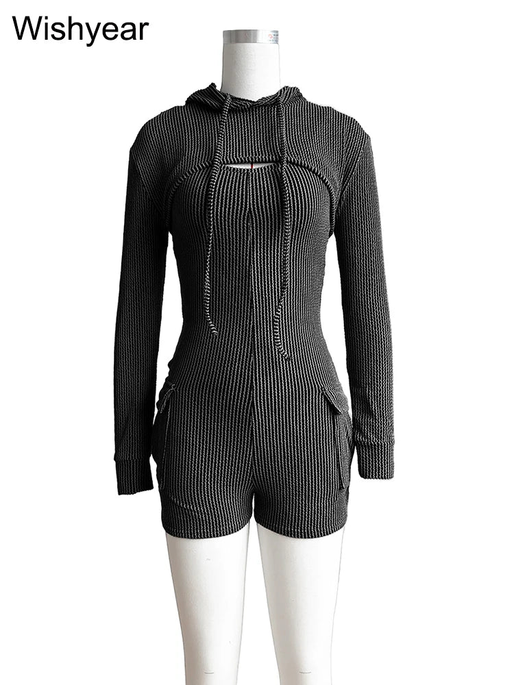Women's Knitted Ribbed Cargo Pocket Playsuits with Hooded Long Sleeve Top Outfits Jumpsuits Shorts Overalls Birthday Clubwear