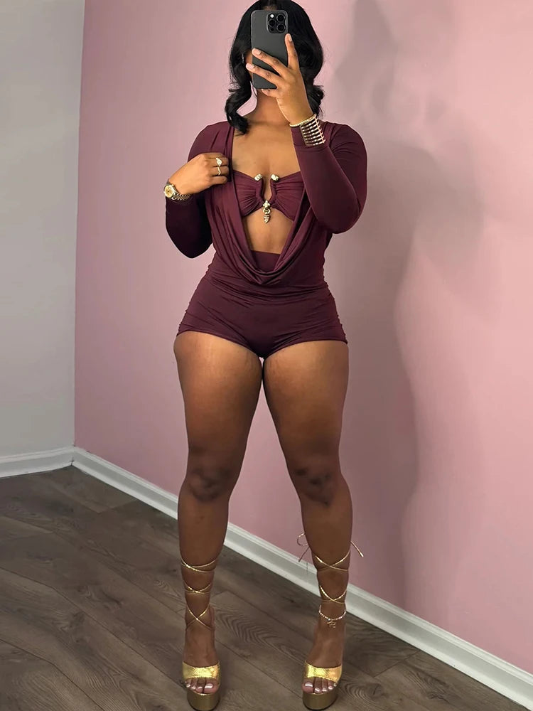 Insglas Spring Trend Swing Collar Sexy Women Romper+Metal buckle Bra Hipster Midnight Party New Workout Fit Coquette Playsuits