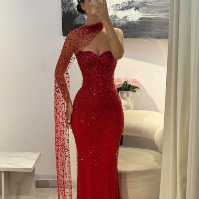 Sansa Customized Red Mermaid Glitter Strapless Prom Dresses Floor-Length Backless vestidos de festa