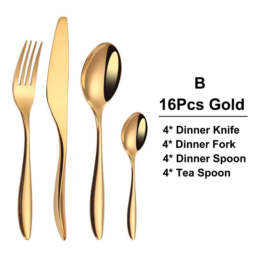 6/16/20/24Pcs Gold Tableware Stainless Steel 304 Cutlery Set Western Dinner Set Mirror Knife Fork Spoon Smooth Handle Flatware