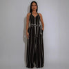 HLJ Elegant Stripe Patchwork Jumpsuits Women Halter Sleeveless Bow Belted Wide Legs Rompers Female Night Clubwear Overalls New