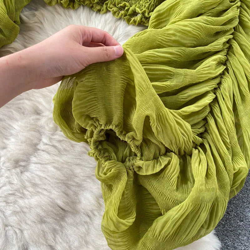 Women Sexy Chiffon Short Blouse Female See Through Super Long Sleeve Blusas Purple/Green/Black/White Folds Party Tops 2022 New