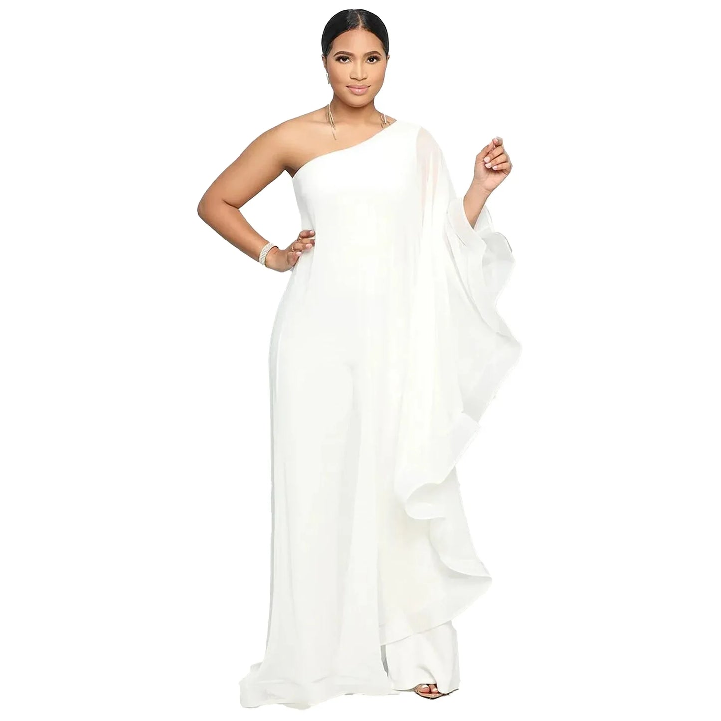 Sexy Chic Women One Shoulder Jumpsuit Chiffon Long Sleeve Prom Party Clothes Designer One Piece Ruffles Rompers 2023