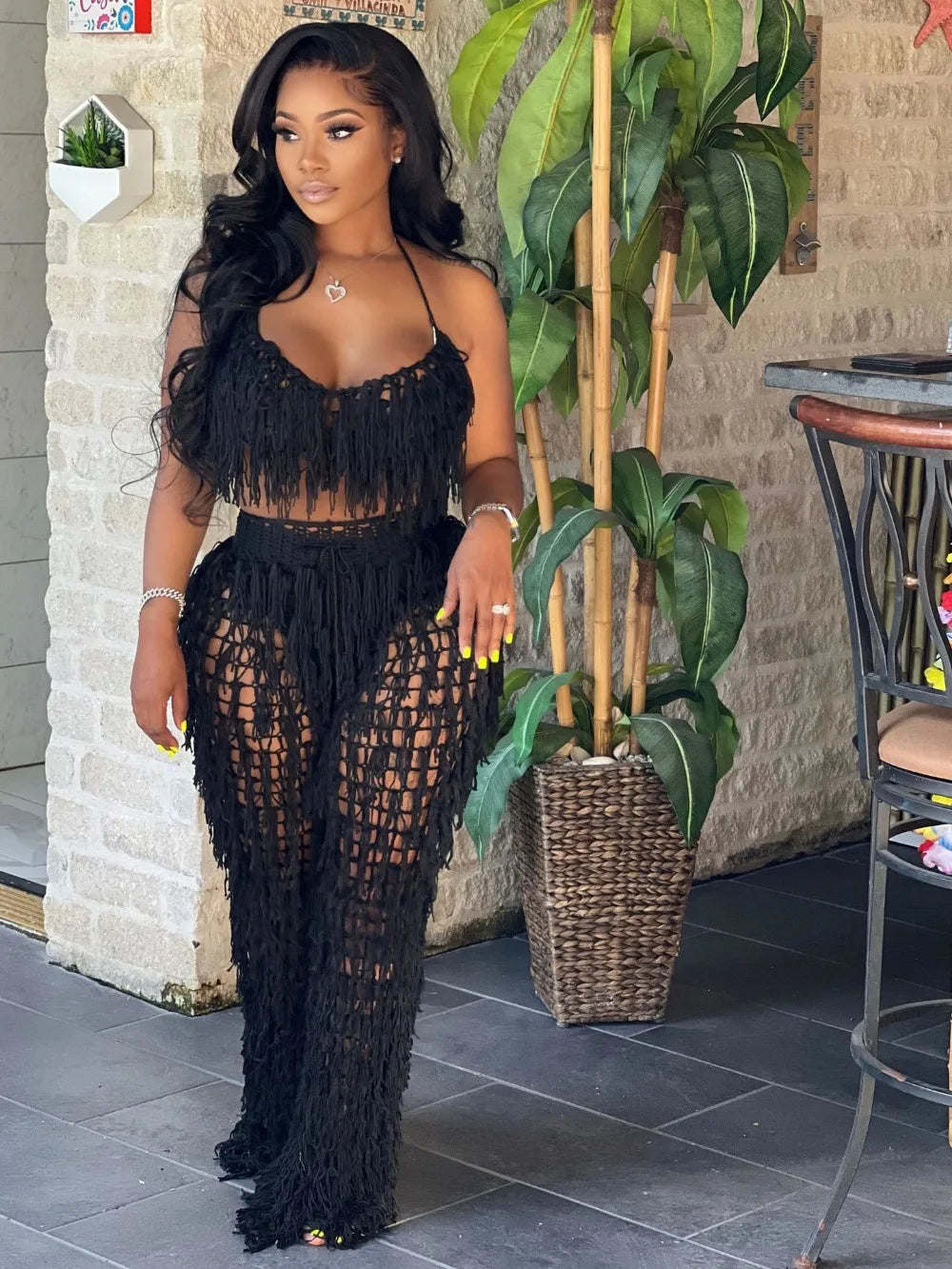 FAGADOER Sexy Hollow Out Tassels Pants Two Piece Sets Women Halter Sleeveless Backless Crop Top + Pants Outfit Female Streetwear