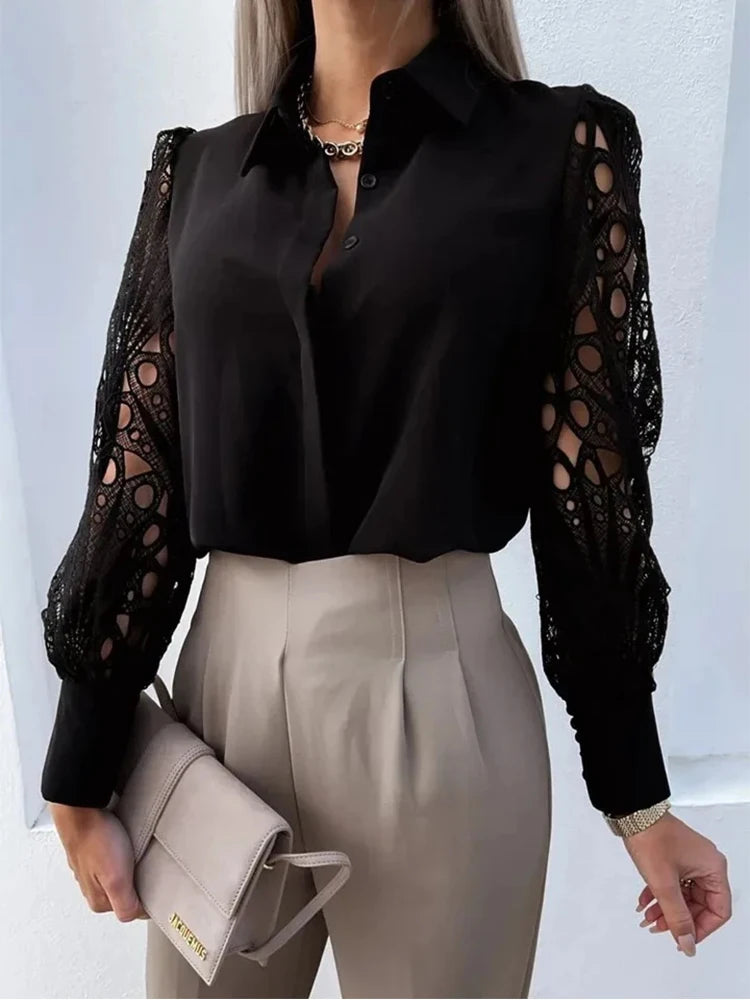 Women's Blouse White blank Elegant V-neck Lace Sleeve Cut-out Patchwork Office Commuter Black Shirt For Female