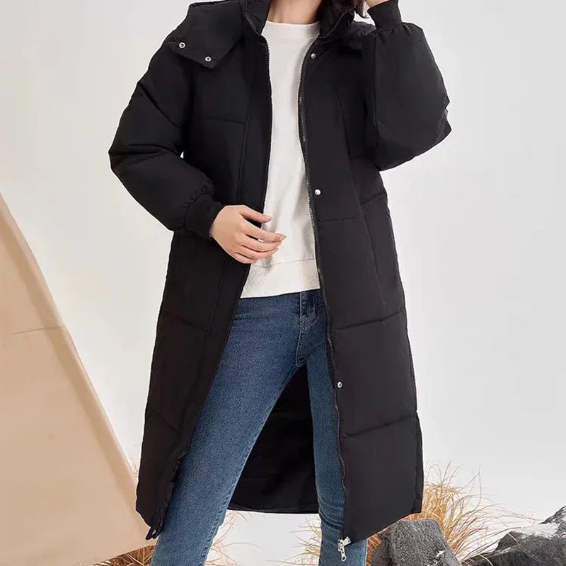 EVNISI Women Casual Thicken Warm Hooded Long Coat Long Sleeve Down Coat Zipper Pocket Parkas Women Office Coat Autumn Winter