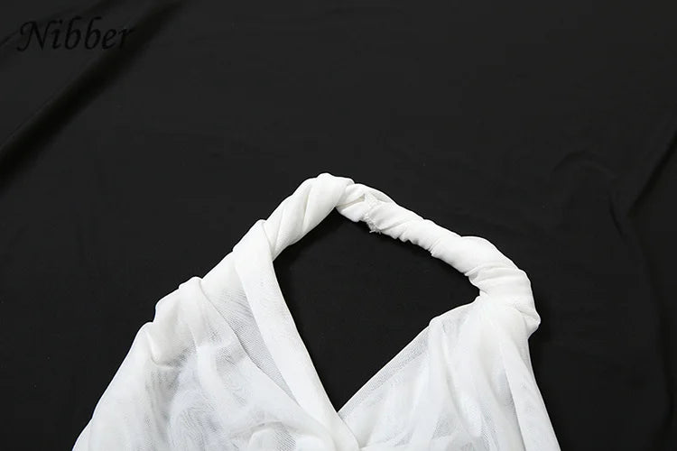 Nibber Sexy See Through Women 2 Piece Set Summer Trend Mesh Thin Whip Halter Tank Tops+Wide Waist Shorts Matching Street Outfits