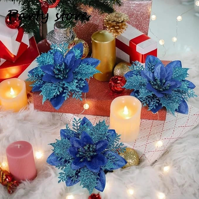 Silver Glitter Christmas Flowers Silver Xmas Tree Artifical Flower Ornaments Merry Christmas Decoration For Home Party New Year