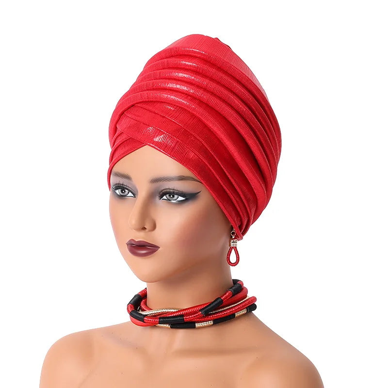 African Women's Auto Gele Headtie Nigeria Lady Pleated Head Wraps Muslim Headscarf Bonnet Turbante Mujer