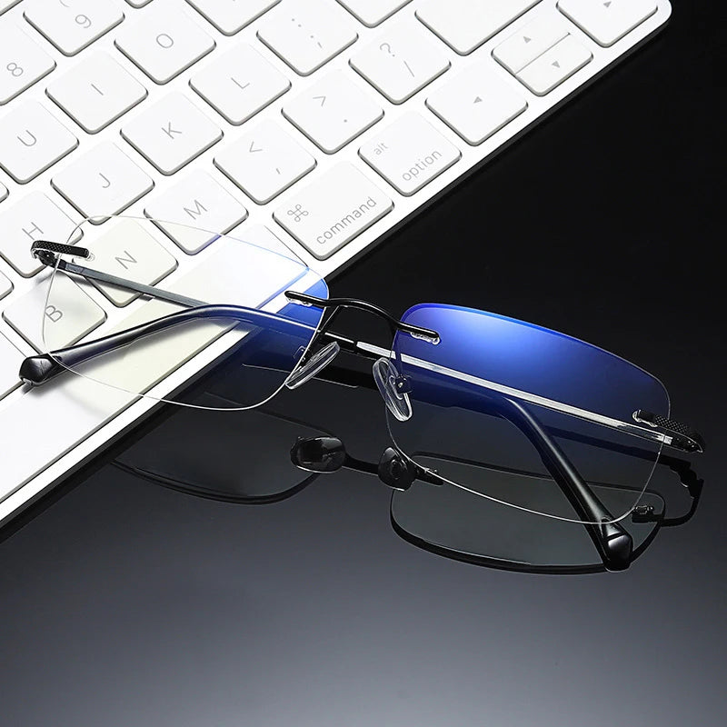 Men Blue Light Blocking Reading Glasses Women Dimond Cutting Rimless Eyeglasses Frame Anti Fatigue Hyperopia Presbyopic Eyewear