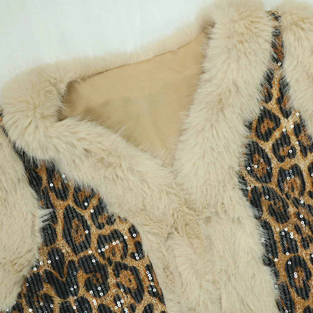 CM.YAYA Women's Set Sleeveless Fur Leopard Sequined V-neck Wool Vest and Pant Suits 2024 Street Two 2 Piece Set Outfit Tracksuit