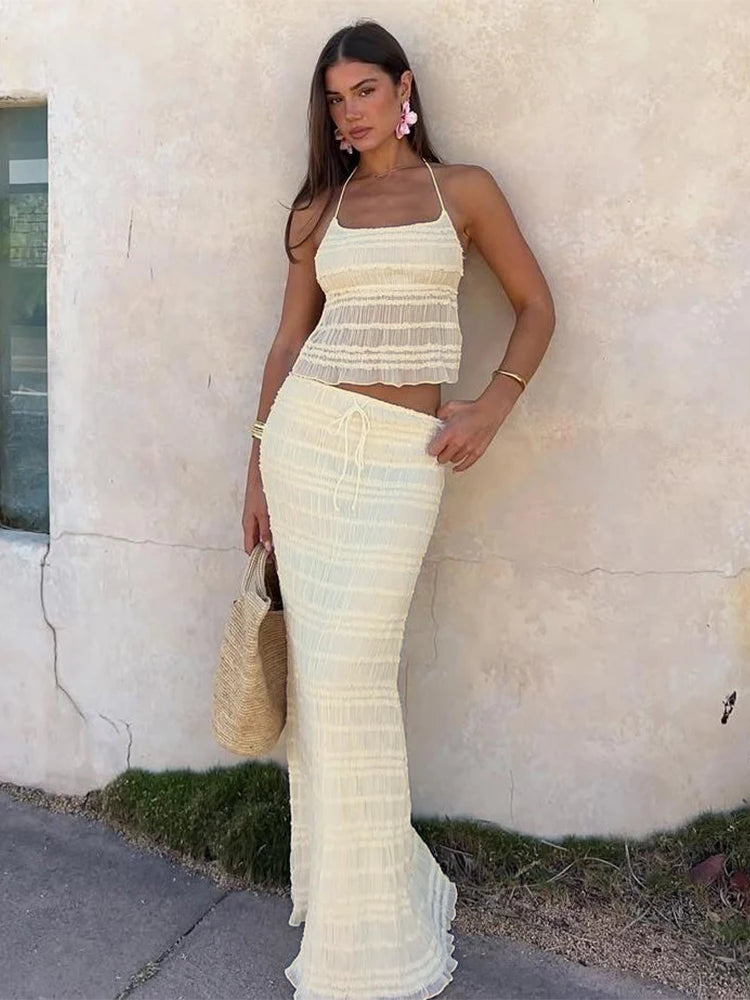 Weird Puss Mesh Backless 2 Piece Set Women Halter Lace-Up See Through Crop Tops+Loose Elegant Long Skirts Vacation Trend Outfits