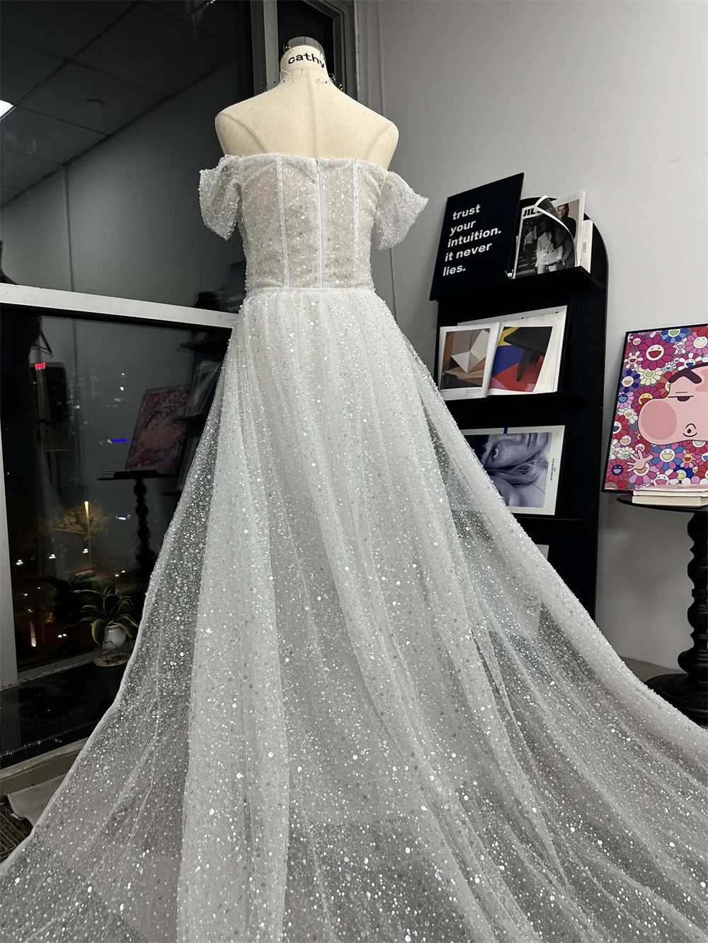 Bella White Glitter Prom Dresses Shiny Sequins Mermaid Wedding Dress Customized Long Train Off Shoulder Vestidos De Fiesta 2024