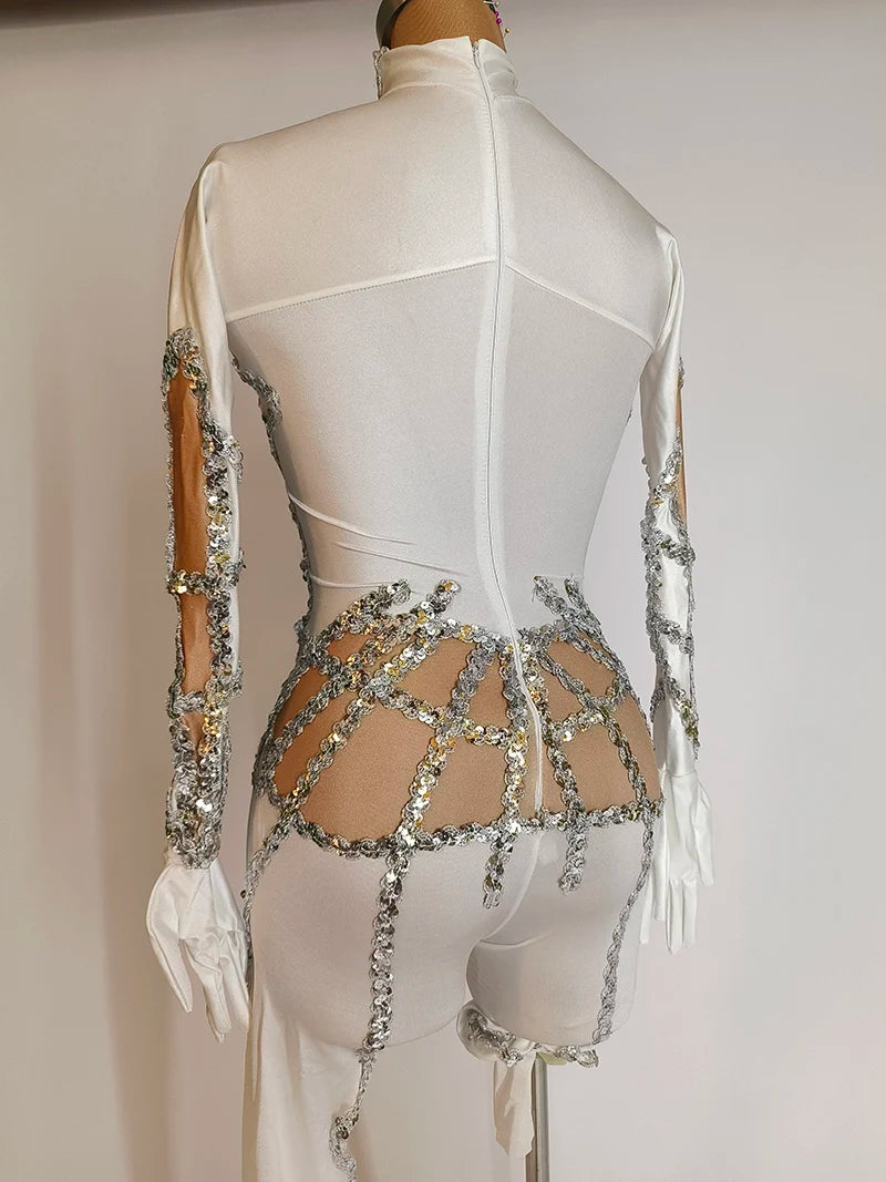 New Sequins Jumpsuit White Stretch Pole Dance Costume Drag Queen Outfit Singer Dancer Performance Wear Adult Clubwear Jumpsuit