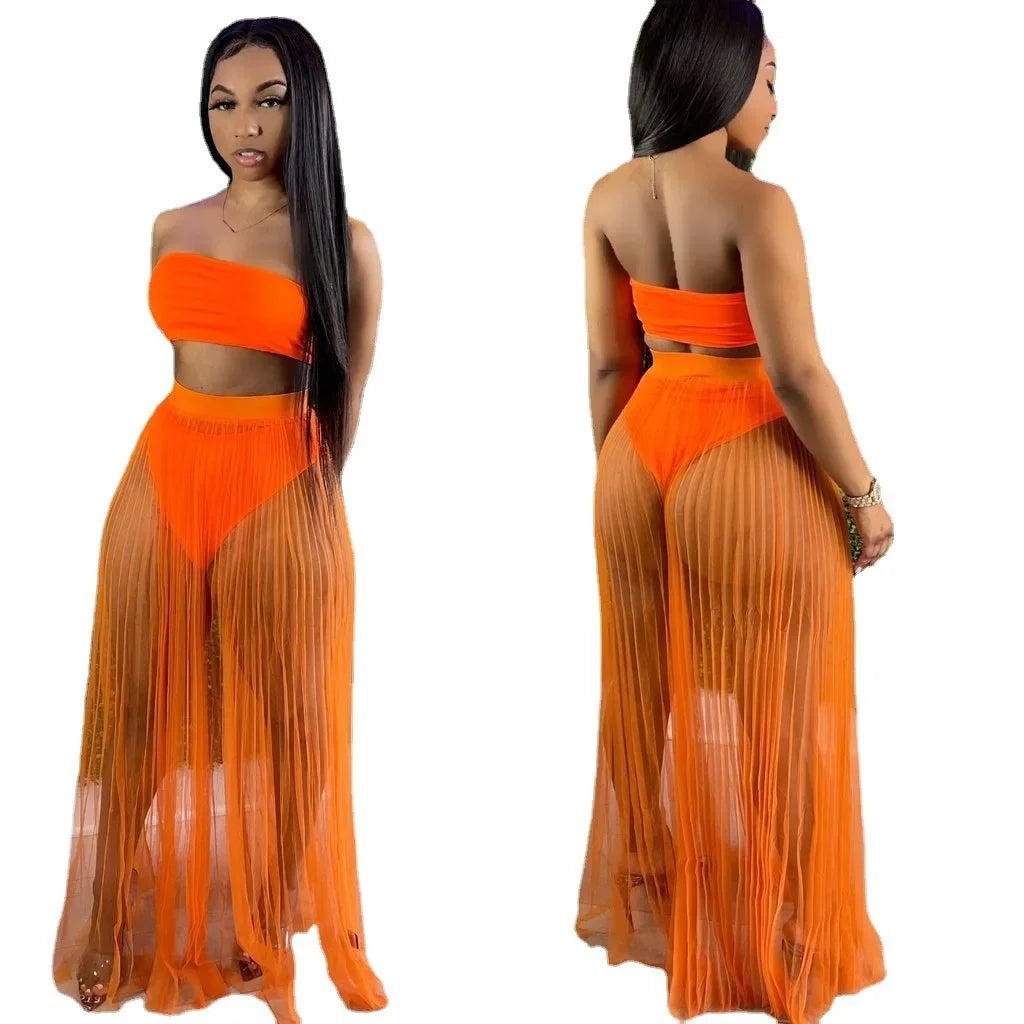 CM.YAYA Women Mesh See Though Two Piece Set Sexy Beach Strapless Tops and Pleated Maxi Skirts Matching Set Summer Outfits