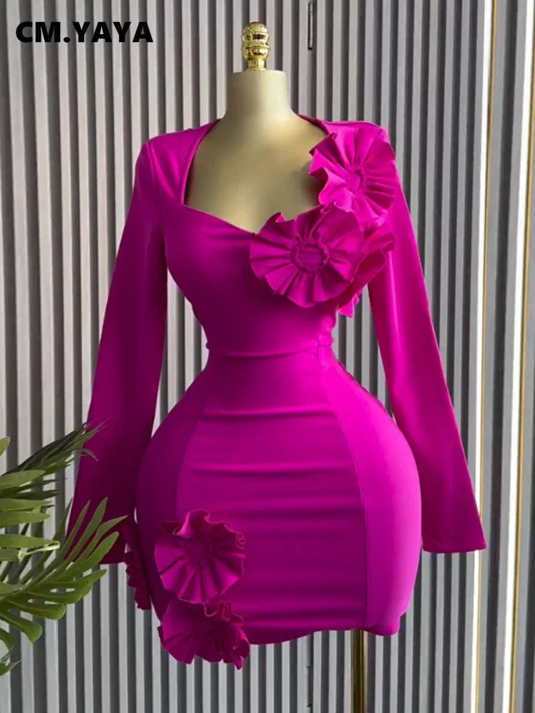 CM.YAYA Women Strapless Mult 3D Flower Long Sleeve Bodycon Mini Dress Sexy Birthday Evening Night Party Club Vestidos Dresses
