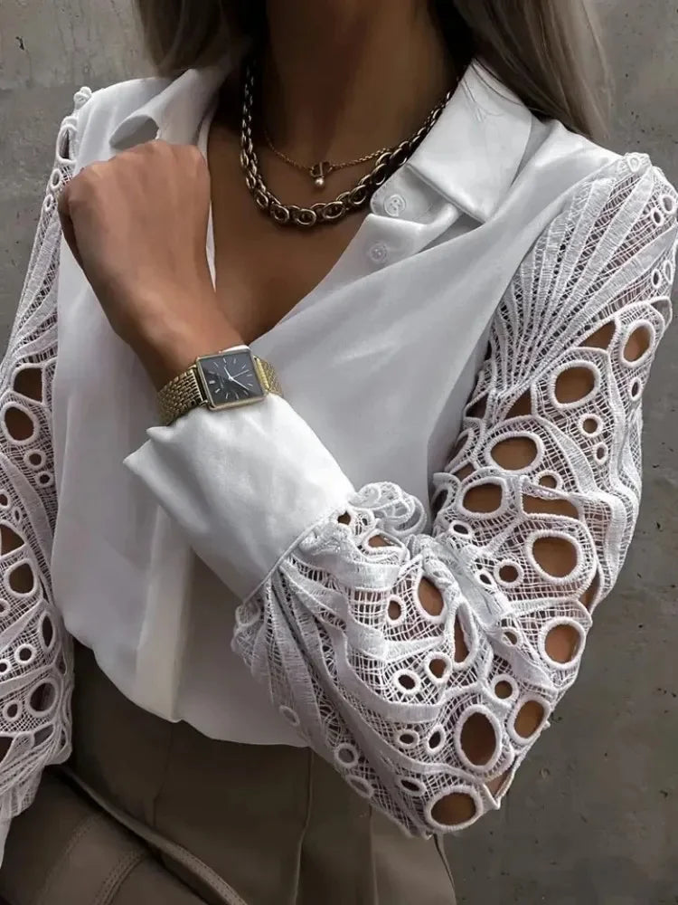 Women's Blouse White blank Elegant V-neck Lace Sleeve Cut-out Patchwork Office Commuter Black Shirt For Female