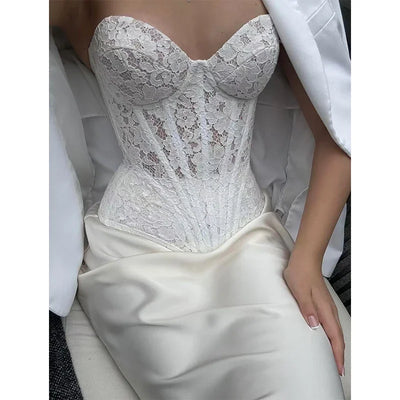 Steel Bone White Lace Corset V-Neck Top Overbust Sexy Sheer Bustier Tops for Women Pure Color Corset Waist Shapewear Lingerie