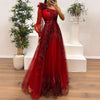 Vintage Pattern Printed High Waist Long Dress Sexy Asymmetric Mesh Evening Dress New One Shoulder Sleeve Pleats Bridesmaid Dress