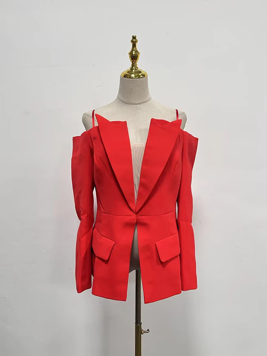 TWOTWINSTYLE Solid Designer Slimming Blazers For Women Slash Neck Long Sleeve Off Shoulder Temperament Coats Female Fashion New
