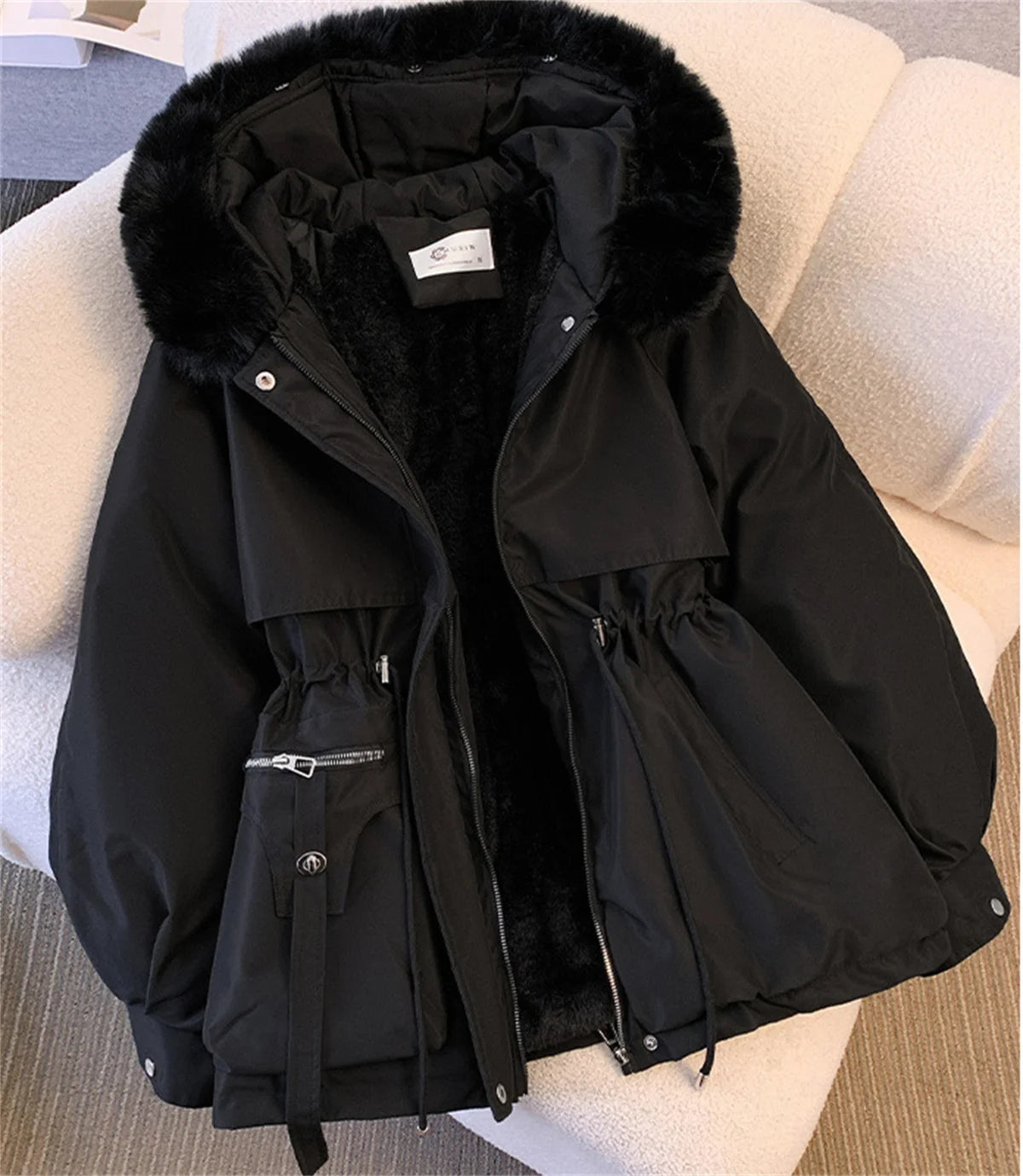 Women Autumn Winter Fashion Coats Korean Hooded Drawstring Padded Jackets Solid Female Casual Street Outfit Coat Zip Up Parkas