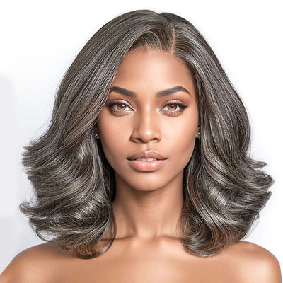 Salt and Pepper Loose Wave Lace Front Bob Wig Human Hair Side Part  5x5 HD Closure Lace Wig Ready To for Black Women
