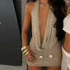 Knit Sequin Halter Mini Dress Women Sexy Deep V-neck Sleeveless Backless Hip Package Party Evening Dresses Chic Ladies Beachwear