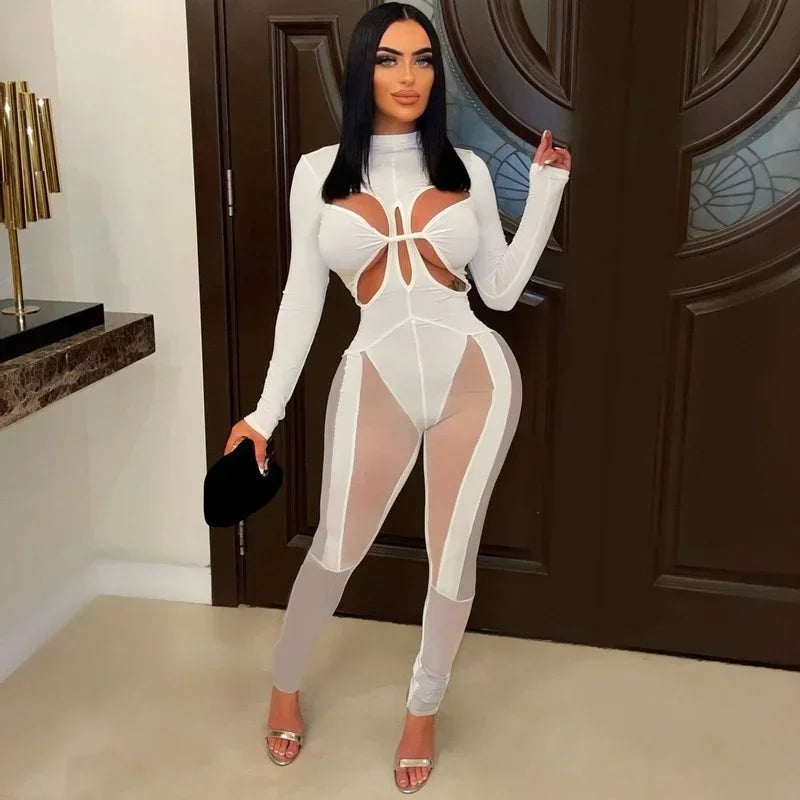 GUWU Mesh Patchwork Cut Out High Wais Long Sleeve Skinny Stretch Sexy Jumpsuit Hollow Out Night Club Women Overalls