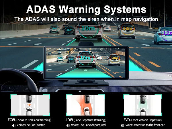 Imagebon 10.26" 4K ADAS Wireless CarPlay & Android Auto Dash Cam Night Vision 24h Park Monitoring Loop Recording GPS FM Car DVR