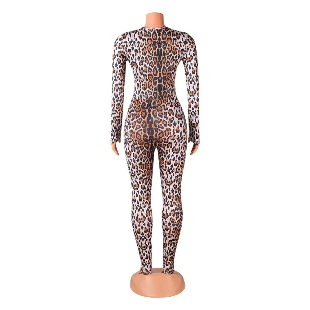 HLJ Sexy Backless Lace Up Leopard Bodycon Jumpsuits Women O Neck Long Sleeve Skinny Pants One Piece Playsuits Fashion Overall