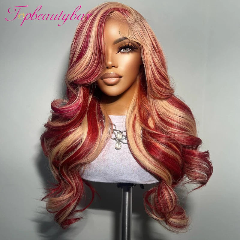 Red and Blonde Color Peruvian 13X4 Lace Front Human Hair Wigs For Women Pre-Plucked 180% Remy Wavy Red Highlight Color Wigs