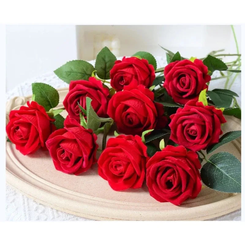 20 Pcs Artificial Velvet Silk Rose Flower Bouquet Real Looking Fake Roses Home Wedding Centerpieces Party Decorations