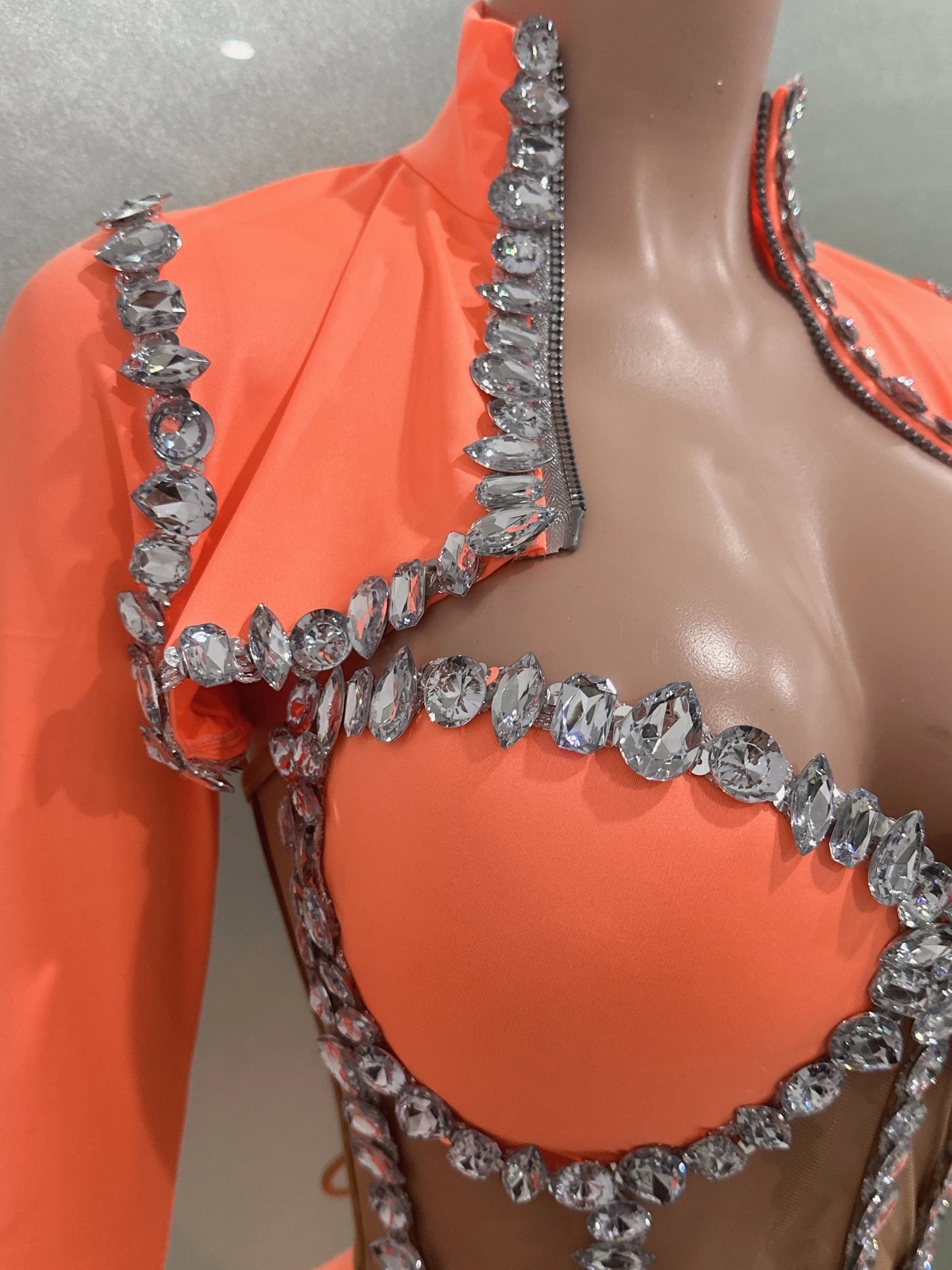 Sexy See-Through Strapless Rhinestone Tops Zipper Jacket High-waisted Shorts 3-Pieces Sets Party Nightclub Perfprmance Costume
