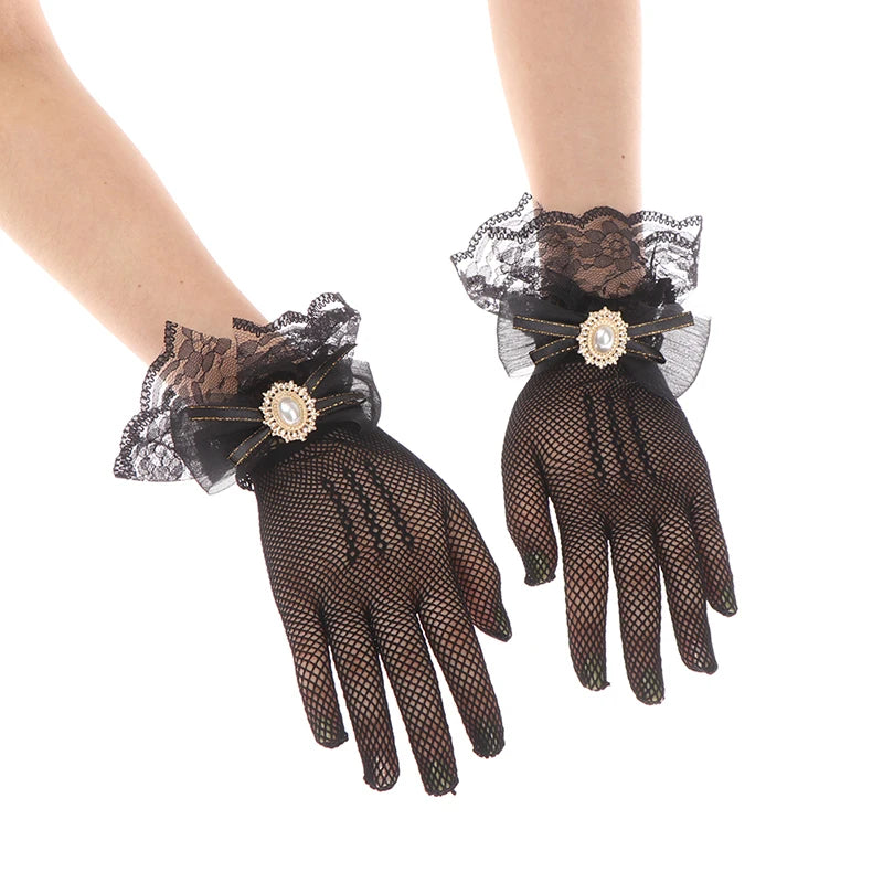 Girl Lolita Mesh Bow Flower Lace Gloves Black White Lace Gloves lolita Lace Sleeves Cosplay Jewelry