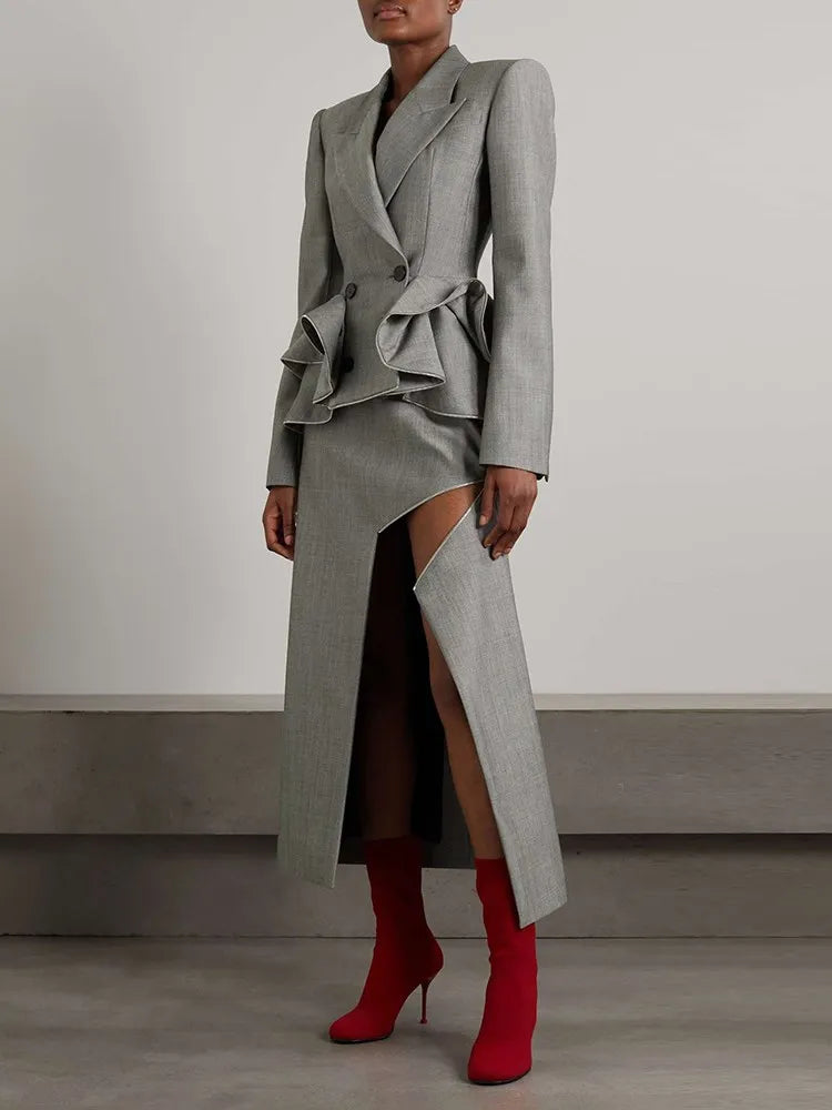 TWOTWINSTYLE Solid Spliced Ruffles Blazers For Women Notched Collar Long Sleeve Patchwork Button Casual Blazer Female Clothing