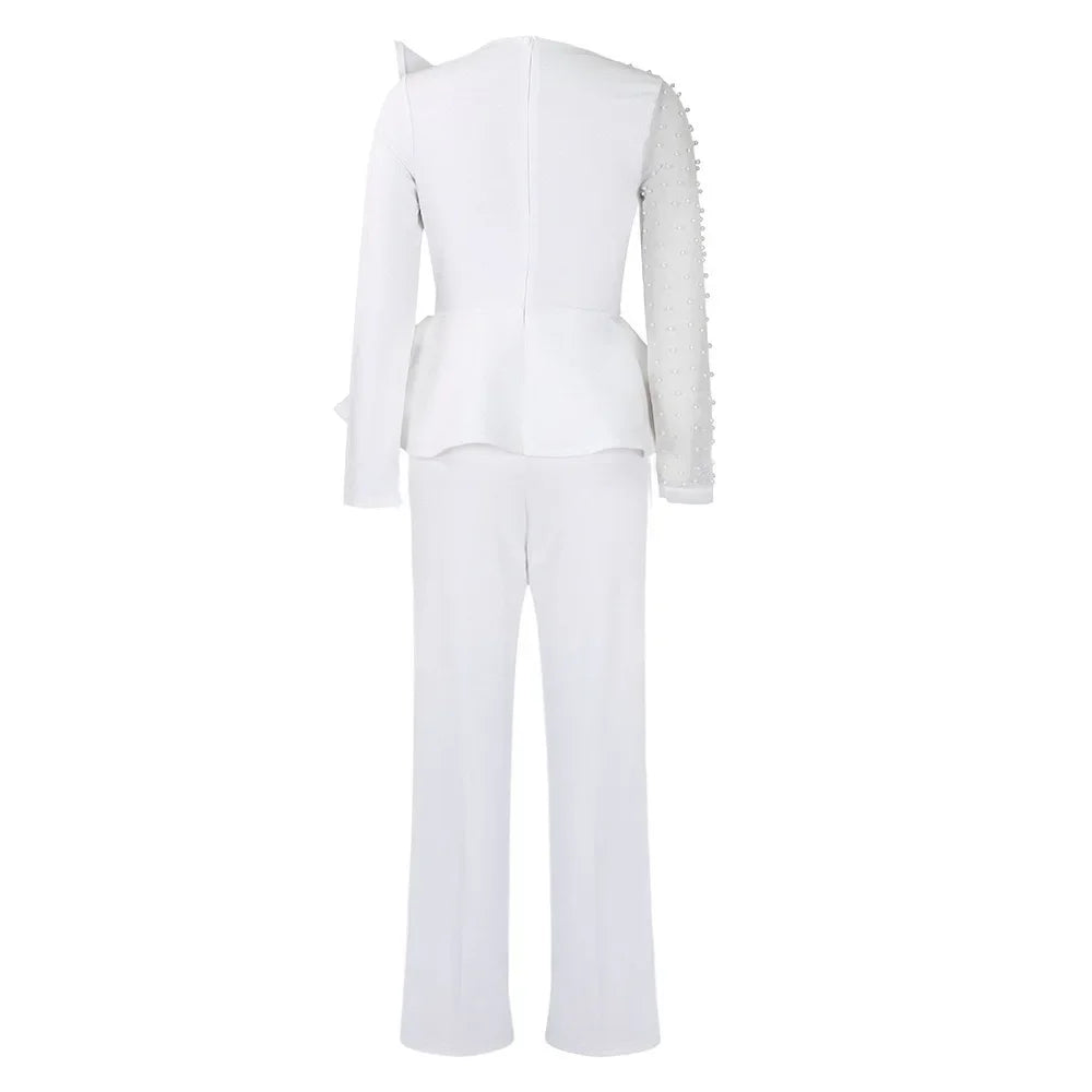 Luxury Jumpsuits & Rompers for Women Round Neck Beaded Transparent Sleeve High Waisted Elegant Female Birthday Party Overalls