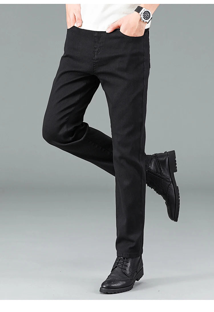 Men's pure black jeans Korean version trendy straight fit pants men's comfortable and elastic classic business jeans