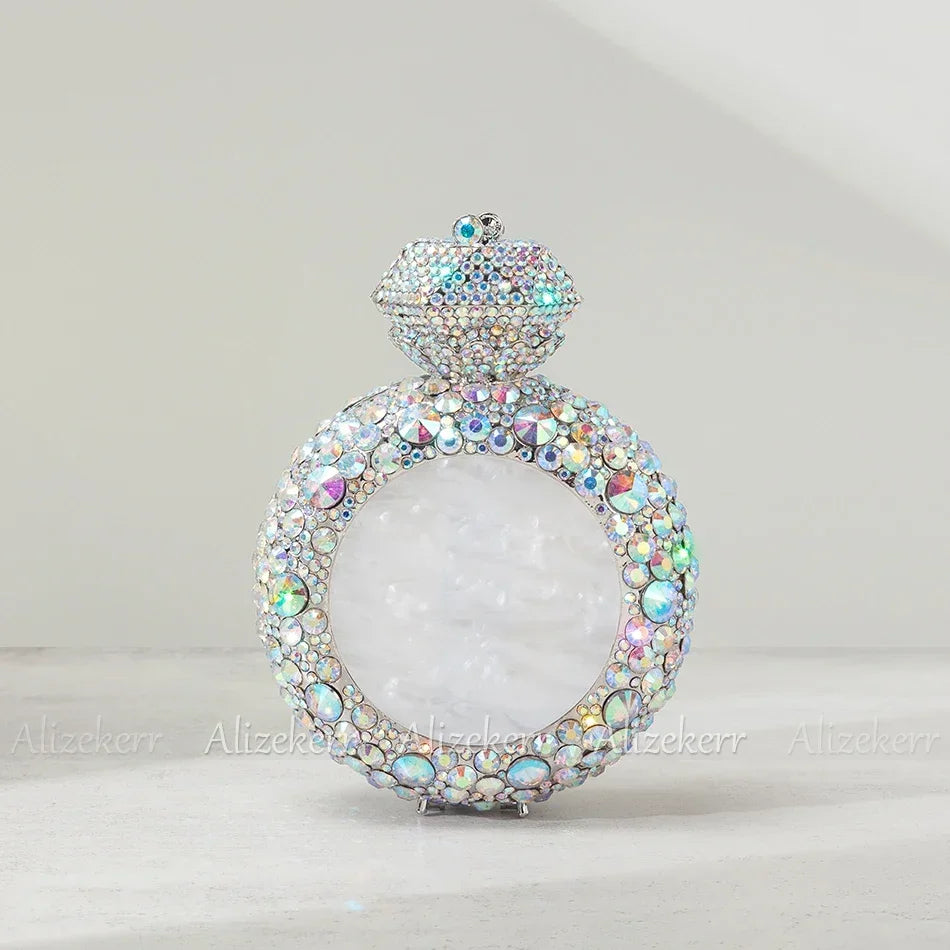 Alizekerr Perfume Bottle Shaped Crystal Evening Bags Women Gorgeous Classy Rhinestone Round Metal Clutch Purses Wedding Party