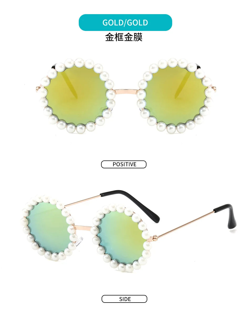 New Children's Circle Form Sunglasses Girl Decorative Pearl Frame Fashion Sun Glasses Cute Baby Outdoor Sunshade Eyewear UV400
