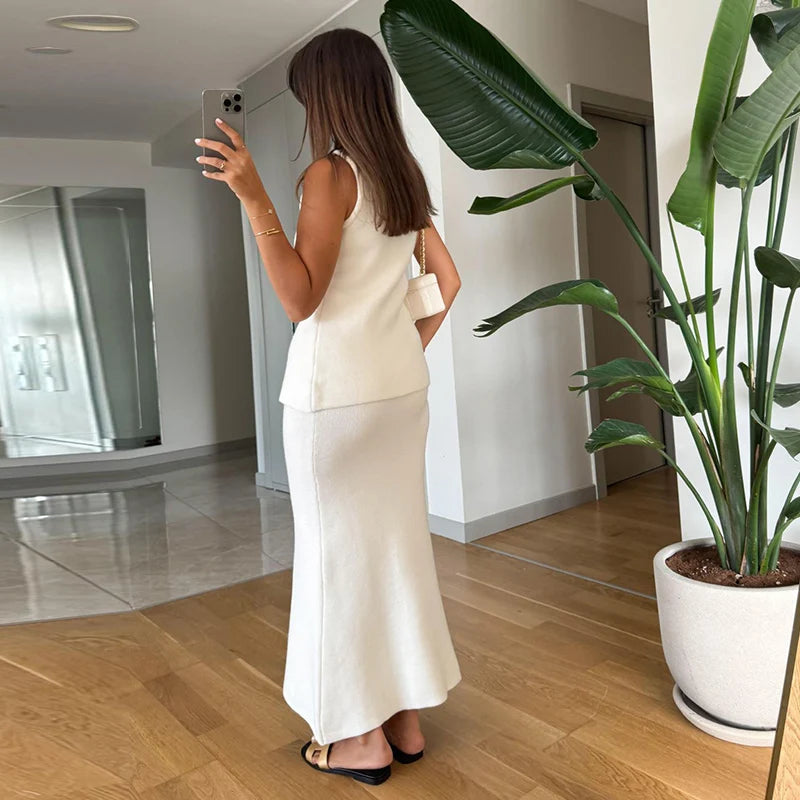 Elegant Knit Vest Suits Women Solid Single Breasted O-neck Sleeveless Slim Waistcoat Bodycon Midi Skirts 2025 Spring Lady Outfit