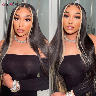 Skunk Stripe Human Hair Wig 1B/613 Highlight Blonde Straight Lace Front Wig 13x4 Colored Lace Front Human Hair Wigs 250 Density