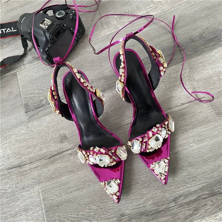 2024 Luxury Rhinestone Pointed Sandals Prom Super High Heel Sandals Slim Heel Dress Show Sandals Oversized 34-43 Women's Shoes