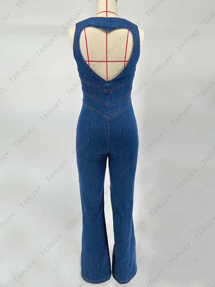 TARUXY Backless Heart Cutout Bodycon Jumpsuit For Women Casual Sleeveless Slim One-Piece Outfits Retro Denim Jumpsuits New 2025