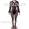 FAGADOER Sexy Mesh Women 2 Piece Set Outfit See Through Long Sleeves Crop Top + Skiny Pants Suits Female Streetwear Clothing New