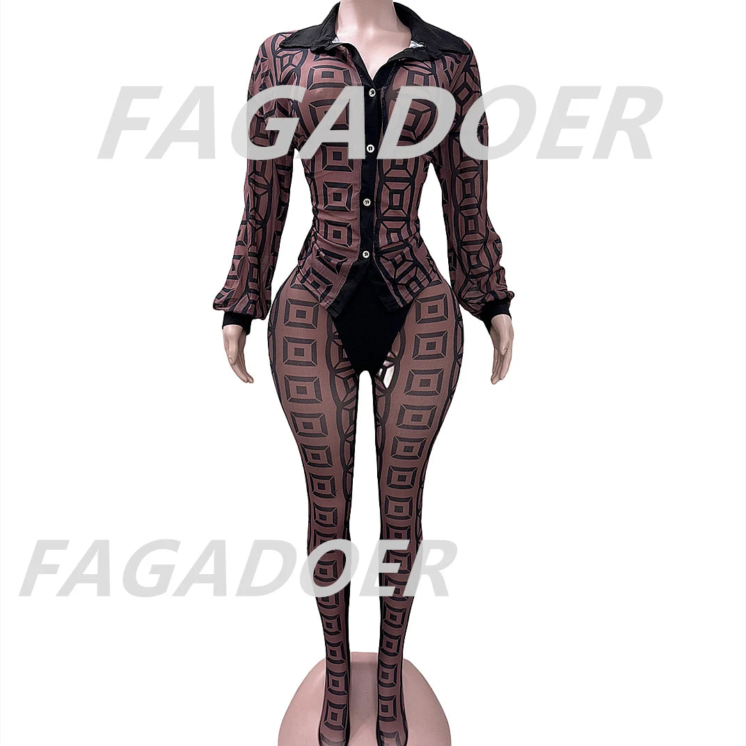 FAGADOER Sexy Mesh Women 2 Piece Set Outfit See Through Long Sleeves Crop Top + Skiny Pants Suits Female Streetwear Clothing New