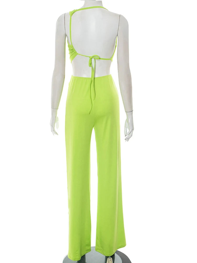 Beyprern Women's Open Back Cutout Jumpsuits With Snake Tirm Sexy Rompers Summer Lace-Back Bandage Wide Legs Jumpsuits Overalls